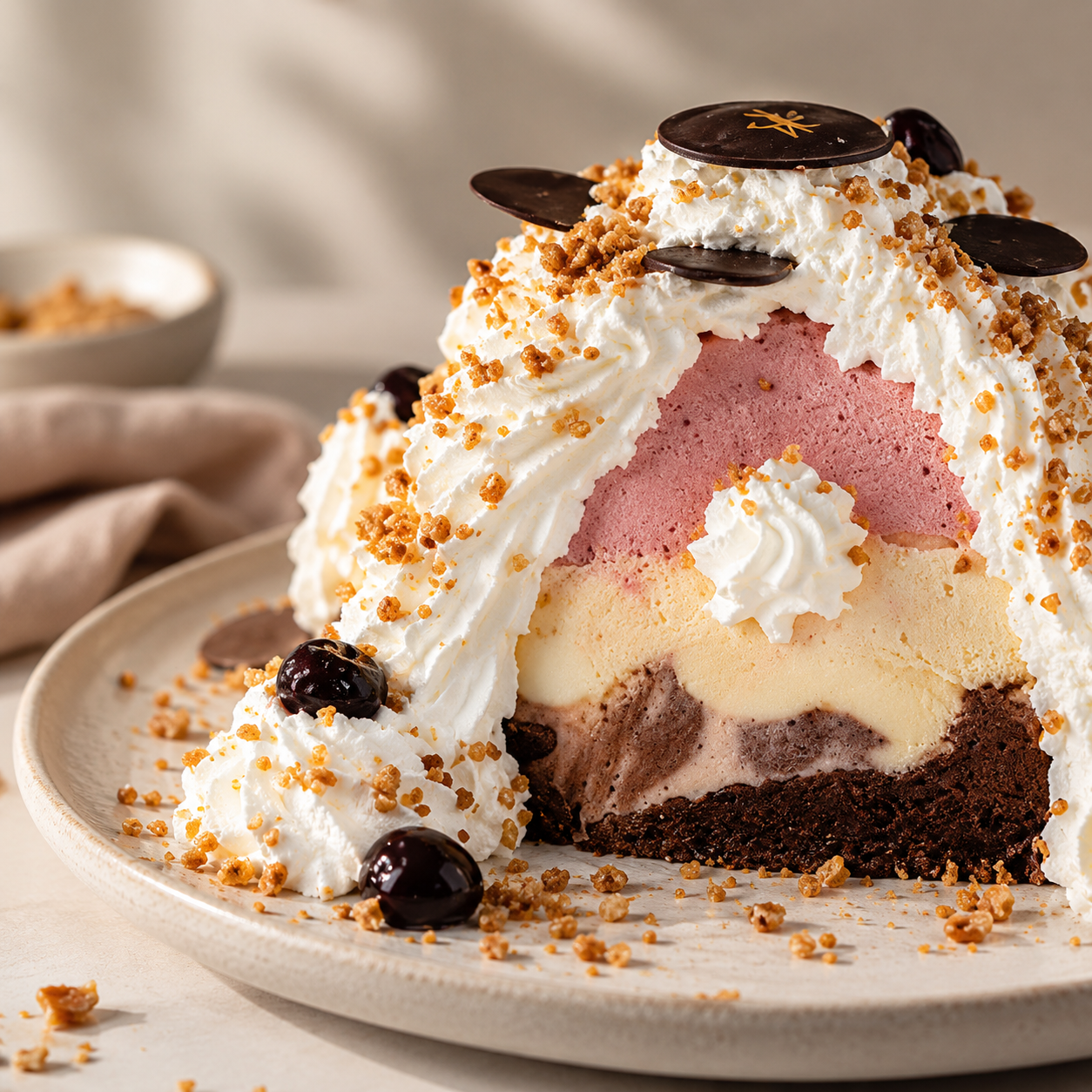 Angeschnittene Eisbombe von mörchens eis mit Sahne und Schokolade