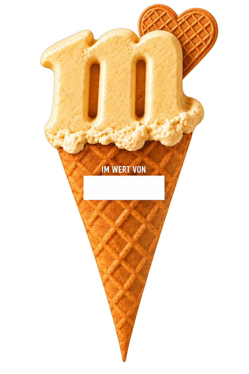 Gutschein von mörchens eis in Form eines Waffelhörnchens mit M und Herz
